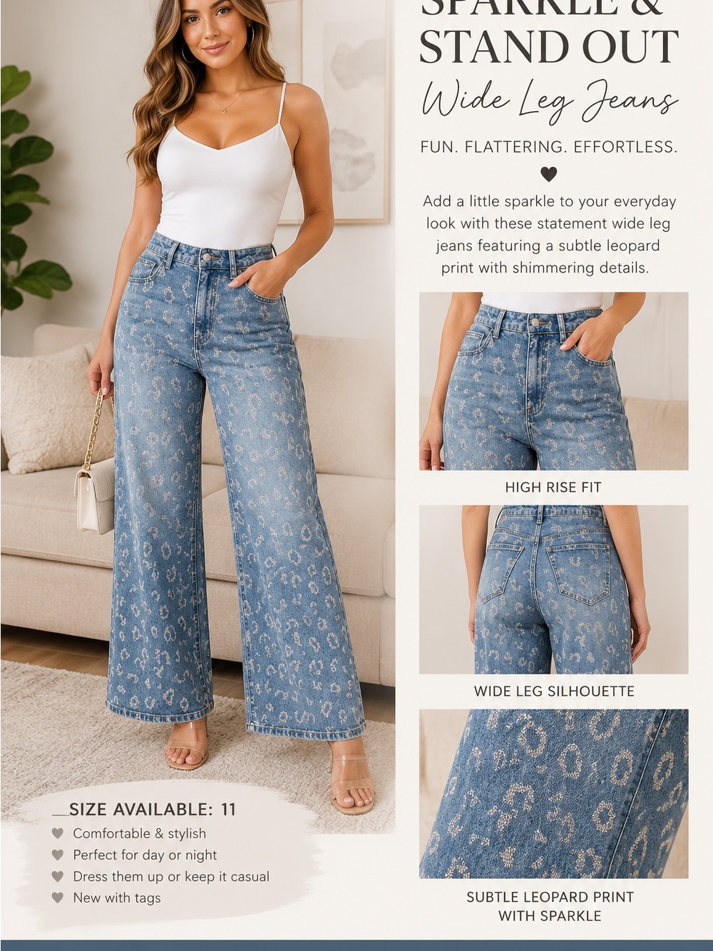Cello Blue Subtle Leopard Print Wide Leg Jeans